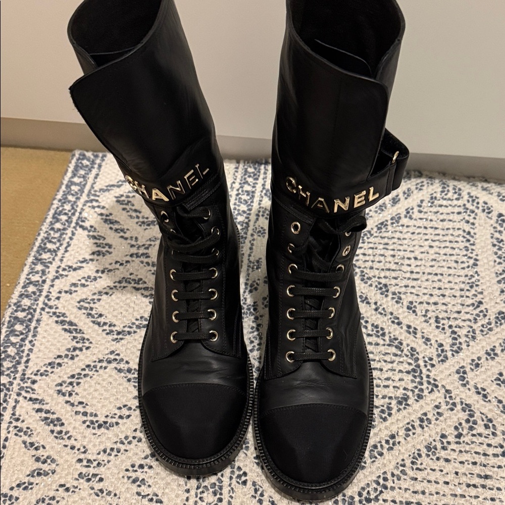 CHANEL Black and Gold Leather Boots AUTHENTIC size 10.5